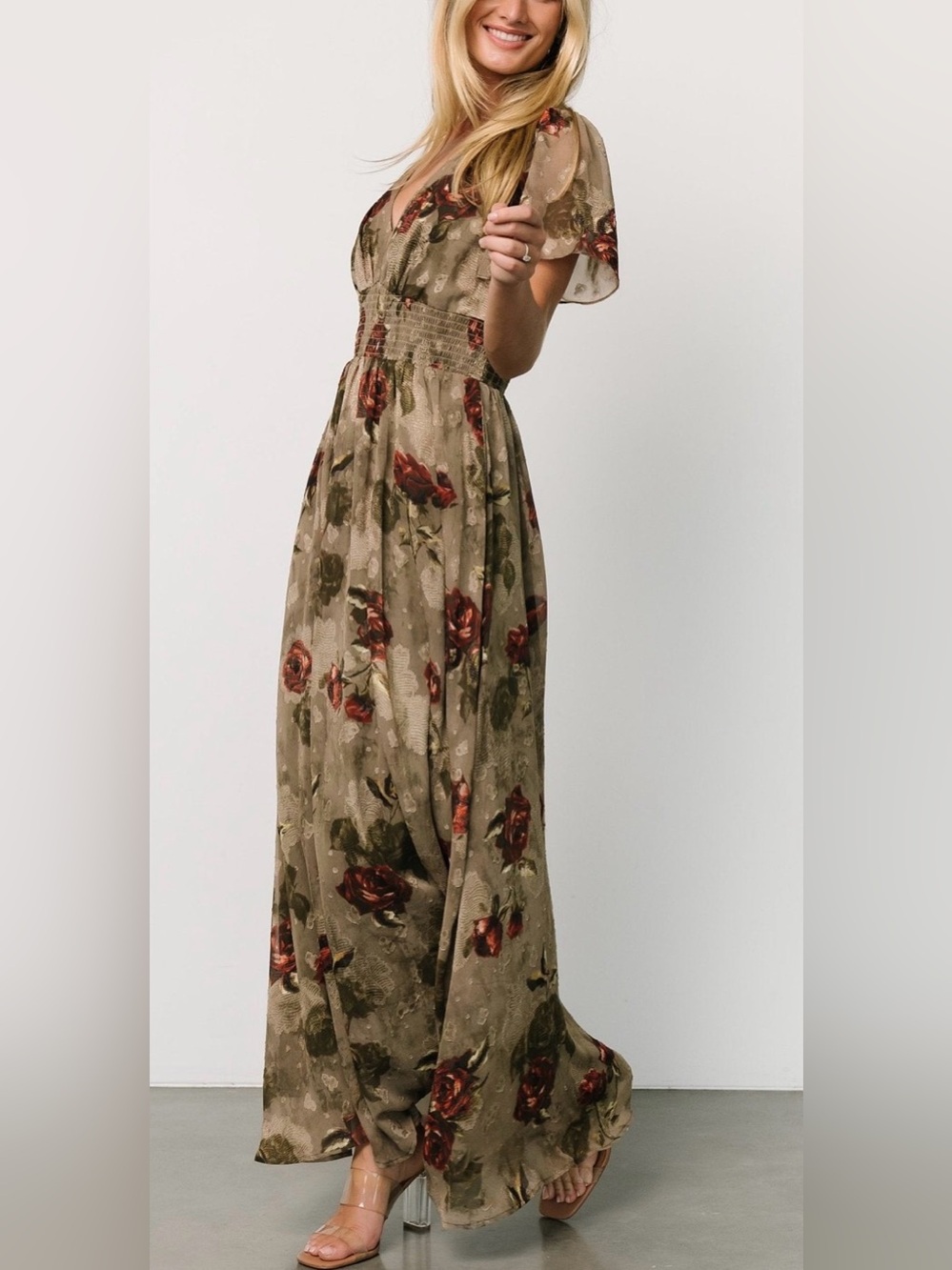 Baltic Born Olive Floral Maxi Dress with Red Rose Print large * cut tag - Picture 5 of 12